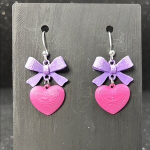 Pink Heart Earrings with Purple Bows